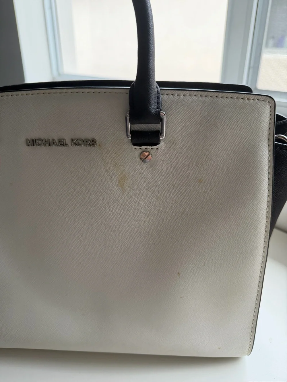 Michael Kors White & Black Saffiano Leather Satchel Shoulder Bag